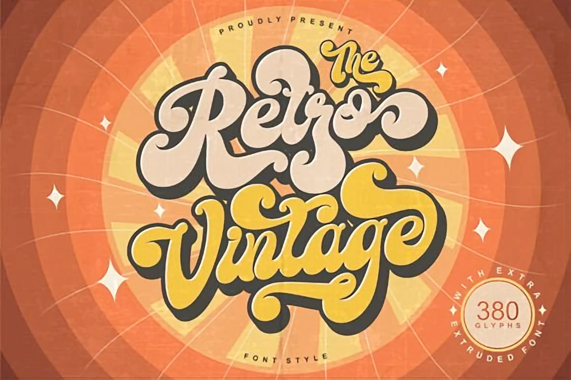 Retro Vintage bold groovy font displayed with swirling 70s lettering and warm vintage poster colors for nostalgic designs.
