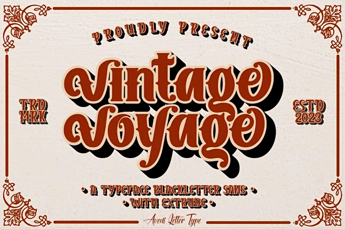 Vintage Voyage retro serif font showcased with bold decorative curves, art-deco accents, and a vintage framed layout.