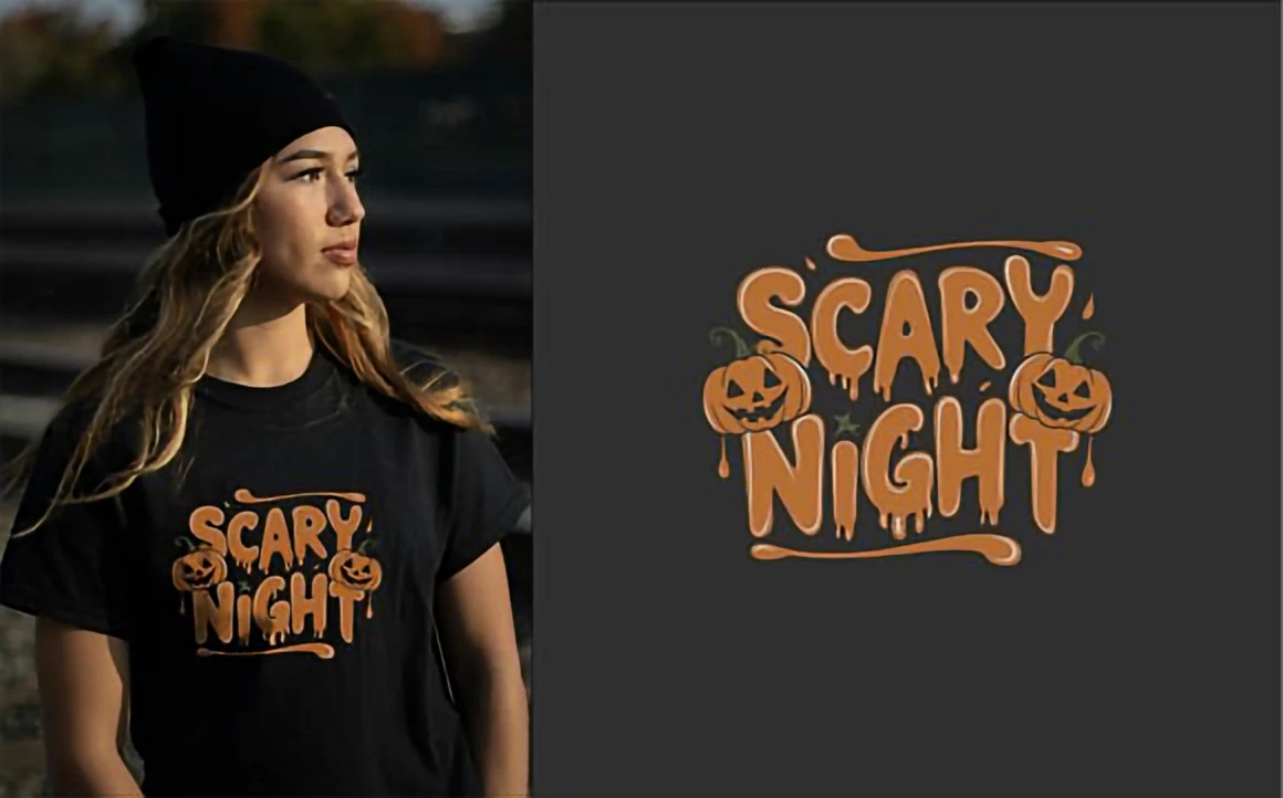 Scary Night spooky display font printed on a black T-shirt, featuring dripping letters and pumpkin illustrations for Halloween designs.
