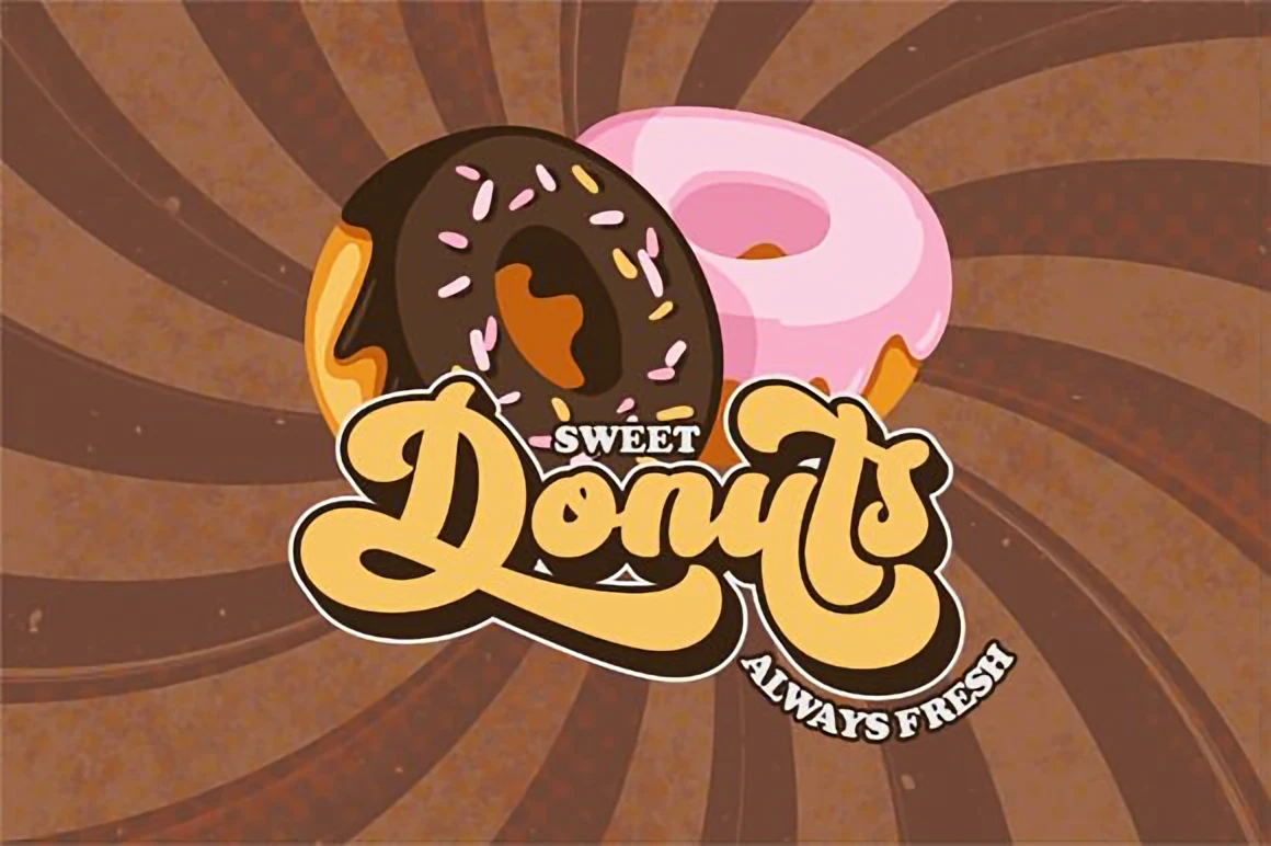 Sweet Donuts groovy retro font displayed with cartoon donuts and bold swirling 70s-style lettering on a vintage background.