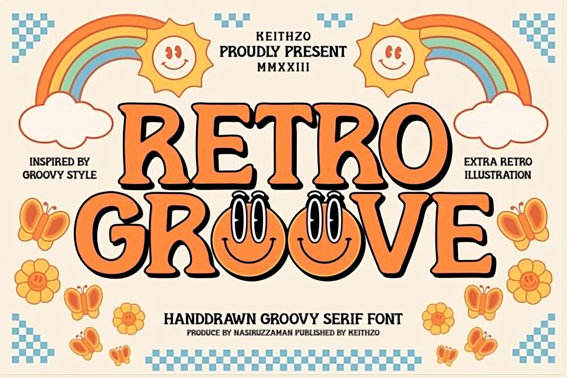Retro Groove hand-drawn groovy serif font displayed with smiling retro illustrations, rainbows, sun icons, and playful cartoon shapes.