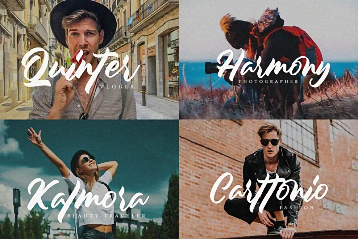Monterey retro brush script font displayed across four lifestyle photos, creating a vintage California travel and fashion vibe.