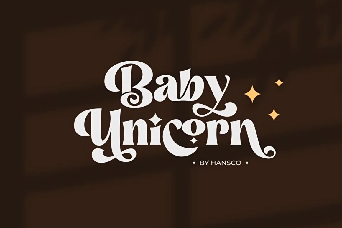 Baby Unicorn retro serif font displayed with bold decorative curves and subtle magical sparkles for a vintage mid-century feel.