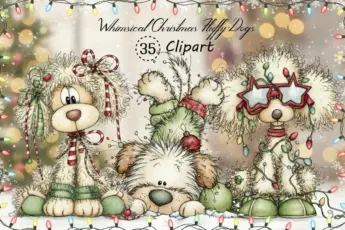 Whimsical Christmas fluffy dogs clipart featuring three adorable holiday puppies decorated with bows, Christmas lights, star glasses, and winter outfits. Cozy festive background with snow and bokeh lights. Perfect for Christmas cards, sublimation, DIY crafts, stickers, and holiday designs.