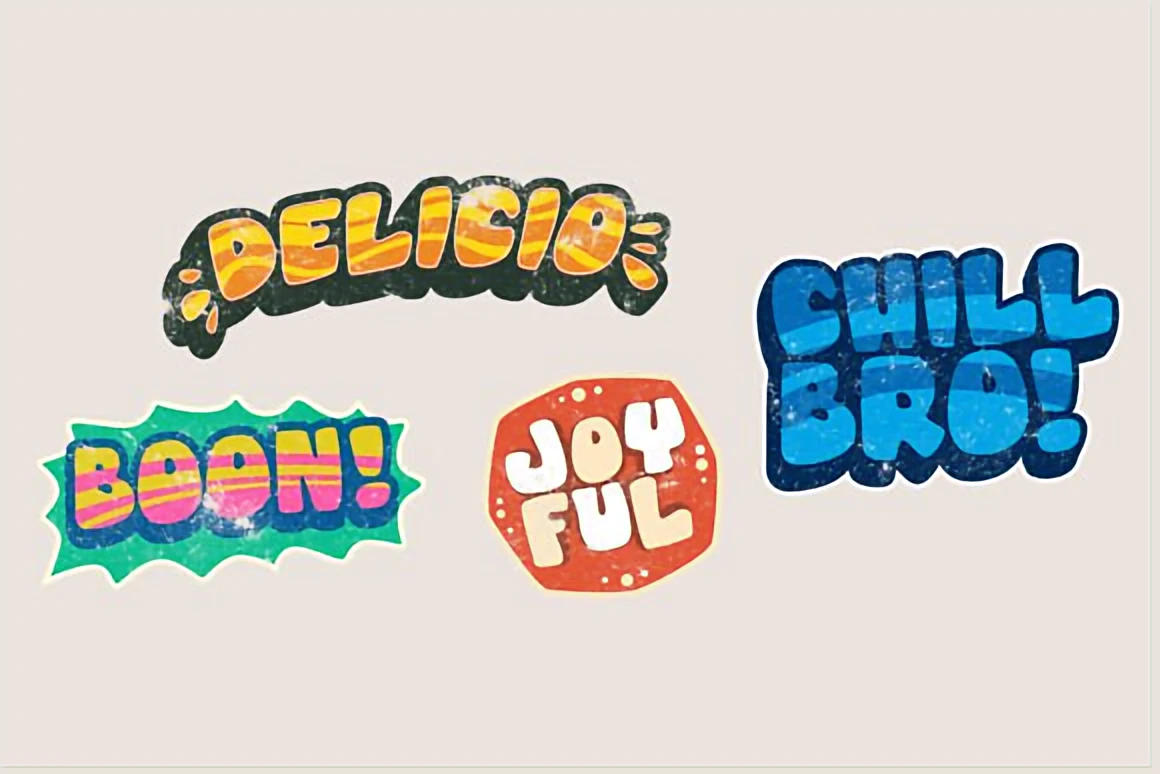 A set of colorful retro bubble stickers featuring playful textured lettering with groovy 70s cartoon-inspired bubble shapes.