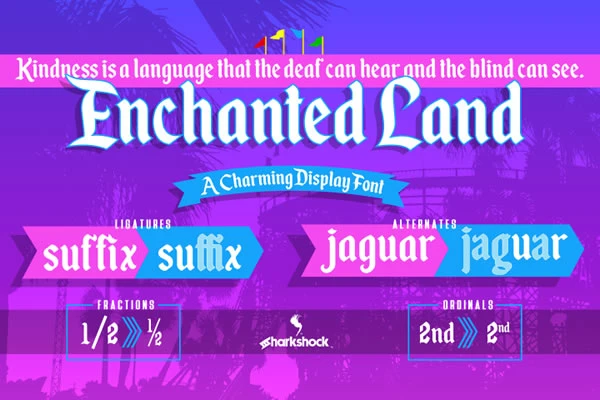 Enchanted Land is a magical fantasy display font perfect for logos, invitations, posters, book covers, and whimsical designs. Add charm to every project.