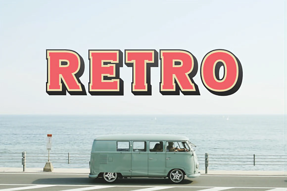 Retro 70s color display font showcased above a seaside vintage van, featuring bold layered retro lettering.