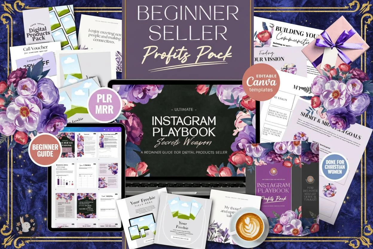 Beginner Seller Profits Pack featuring Instagram Playbook, Canva templates, PLR resources, and business guides decorated with floral illustrations.